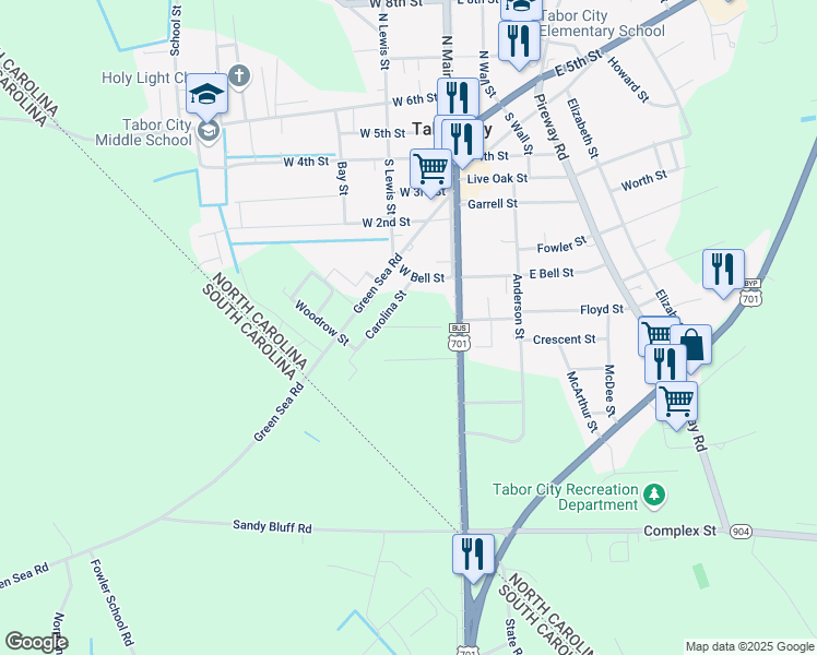 map of restaurants, bars, coffee shops, grocery stores, and more near Alton Street in Tabor City