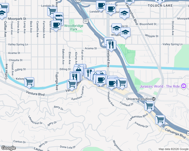 map of restaurants, bars, coffee shops, grocery stores, and more near 4187 Arch Drive in Los Angeles