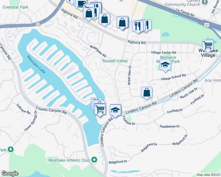 map of restaurants, bars, coffee shops, grocery stores, and more near 32107 Beachview Lane in Westlake Village