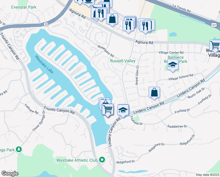 map of restaurants, bars, coffee shops, grocery stores, and more near 32174 Beachlake Lane in Westlake Village