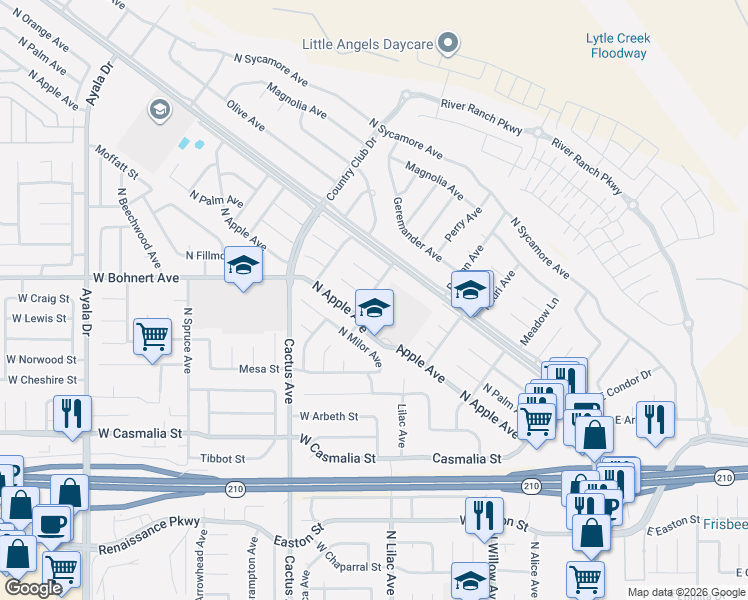 map of restaurants, bars, coffee shops, grocery stores, and more near 141 West Columbine Avenue in Rialto