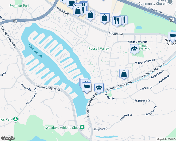 map of restaurants, bars, coffee shops, grocery stores, and more near 32174 Beachlake Lane in Westlake Village