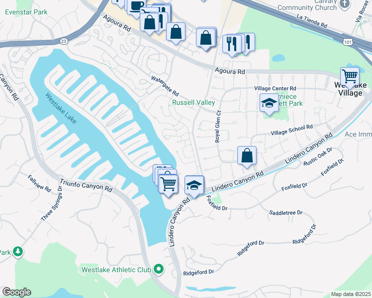 map of restaurants, bars, coffee shops, grocery stores, and more near 32107 Beachview Lane in Westlake Village