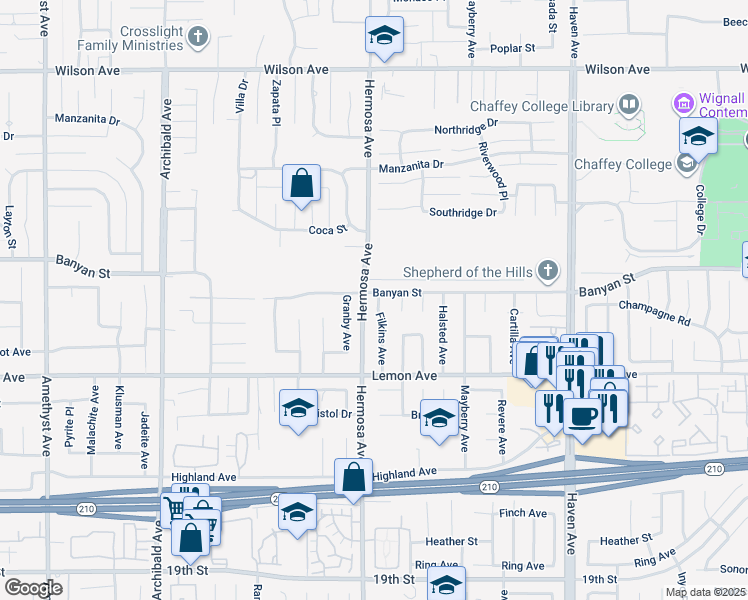 map of restaurants, bars, coffee shops, grocery stores, and more near in Rancho Cucamonga