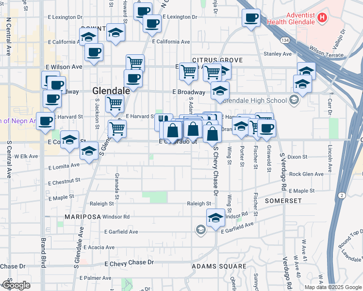 map of restaurants, bars, coffee shops, grocery stores, and more near 1008 East Colorado Street in Glendale