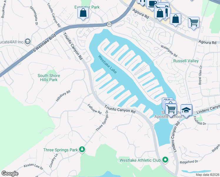 map of restaurants, bars, coffee shops, grocery stores, and more near 2398 Leeward Circle in Westlake Village