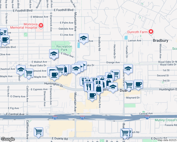 map of restaurants, bars, coffee shops, grocery stores, and more near 1016 Royal Oaks Drive in Monrovia