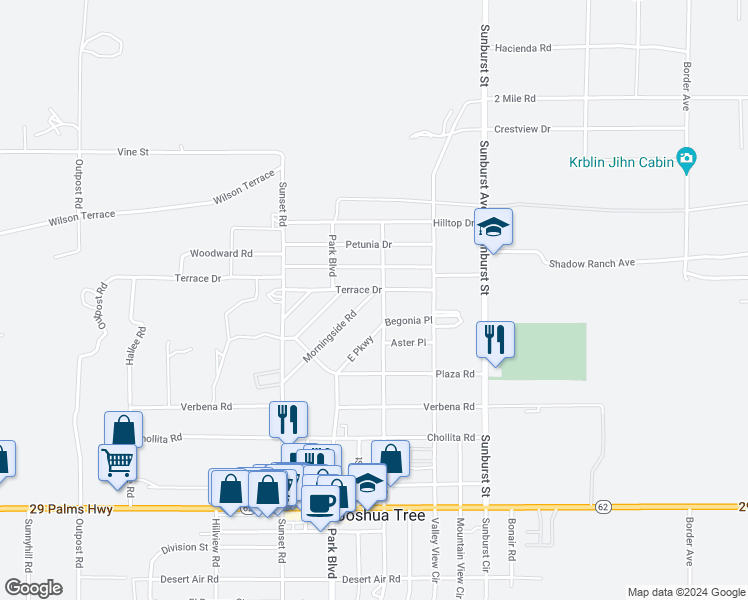map of restaurants, bars, coffee shops, grocery stores, and more near 61883 Morningside Road in Joshua Tree