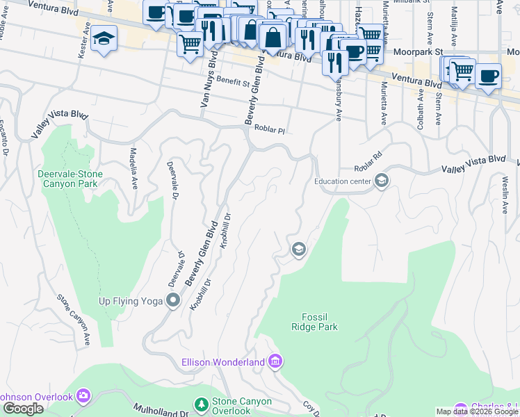 map of restaurants, bars, coffee shops, grocery stores, and more near 3952 Oakfield Drive in Los Angeles