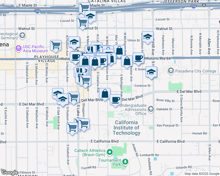 map of restaurants, bars, coffee shops, grocery stores, and more near 1097 Blanche Street in Pasadena