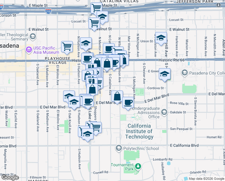 map of restaurants, bars, coffee shops, grocery stores, and more near 200 South Catalina Avenue in Pasadena