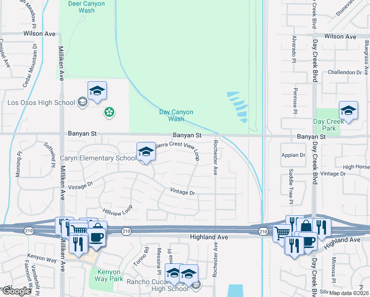 map of restaurants, bars, coffee shops, grocery stores, and more near 11818 Mount Harvard Court in Rancho Cucamonga