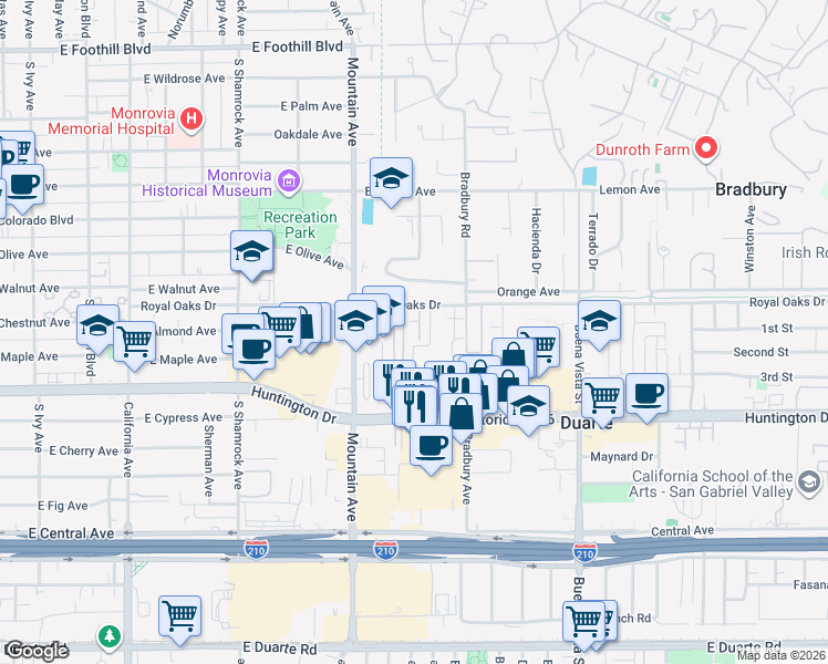 map of restaurants, bars, coffee shops, grocery stores, and more near 1016 Royal Oaks Drive in Monrovia