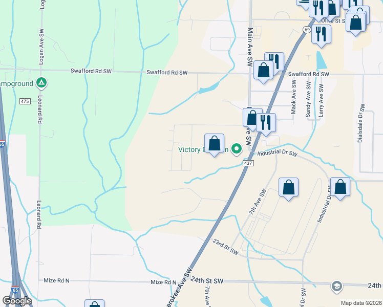 map of restaurants, bars, coffee shops, grocery stores, and more near 2074 Main Avenue Southwest in Cullman