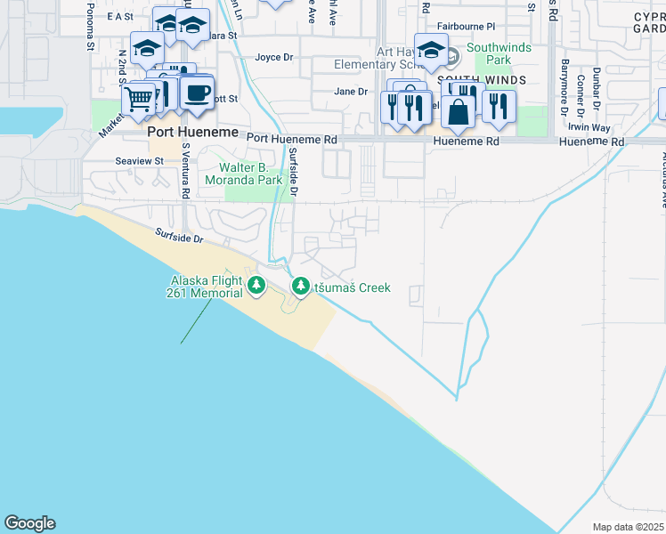map of restaurants, bars, coffee shops, grocery stores, and more near 671 Bluewater Way in Port Hueneme