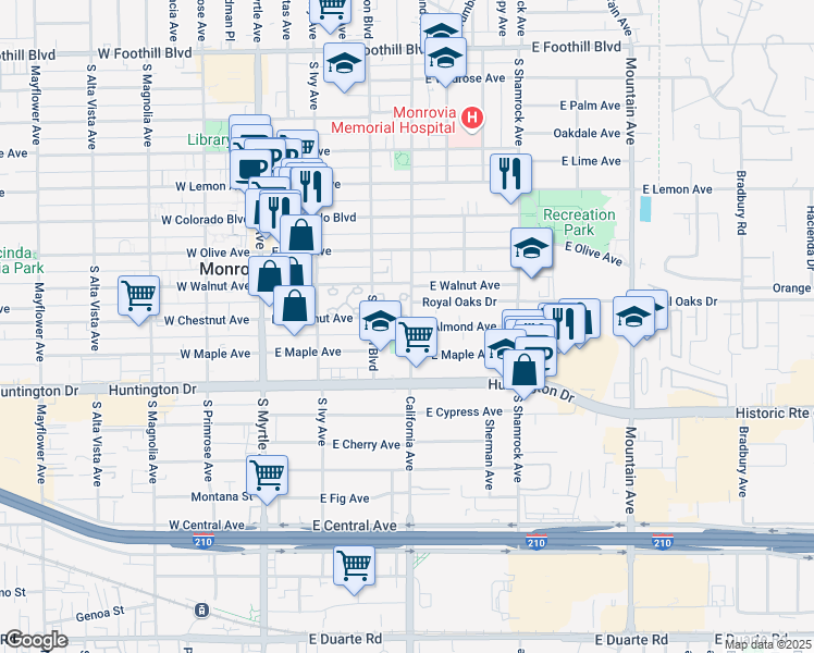 map of restaurants, bars, coffee shops, grocery stores, and more near 402 Royal Oaks Drive in Monrovia