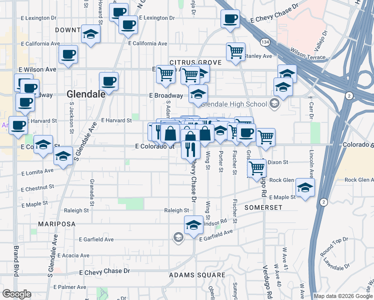 map of restaurants, bars, coffee shops, grocery stores, and more near 1129 East Colorado Street in Glendale
