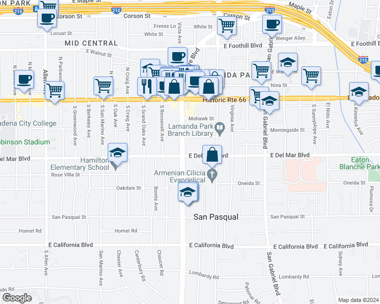 map of restaurants, bars, coffee shops, grocery stores, and more near 188 South Sierra Madre Boulevard in Pasadena