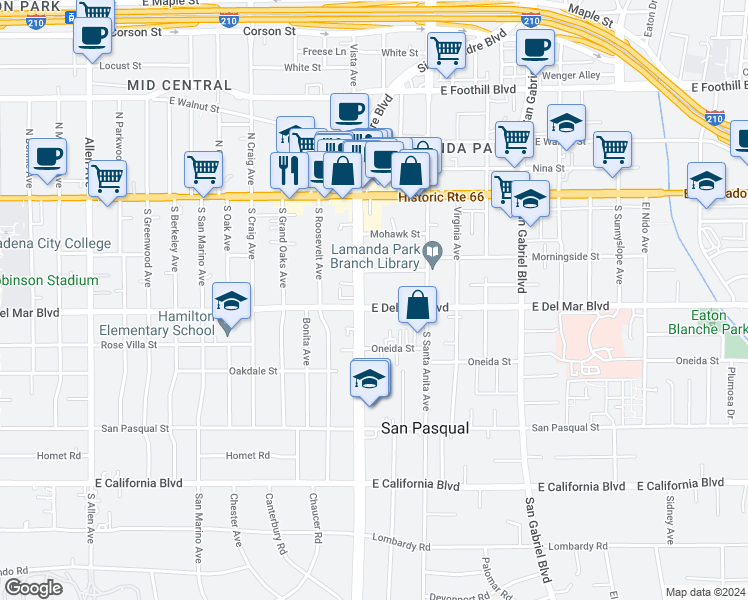 map of restaurants, bars, coffee shops, grocery stores, and more near 188 South Sierra Madre Boulevard in Pasadena