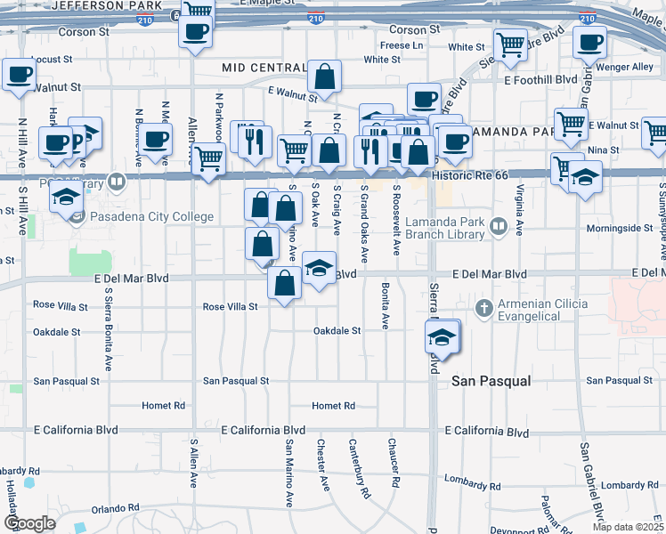 map of restaurants, bars, coffee shops, grocery stores, and more near 205 South Craig Avenue in Pasadena