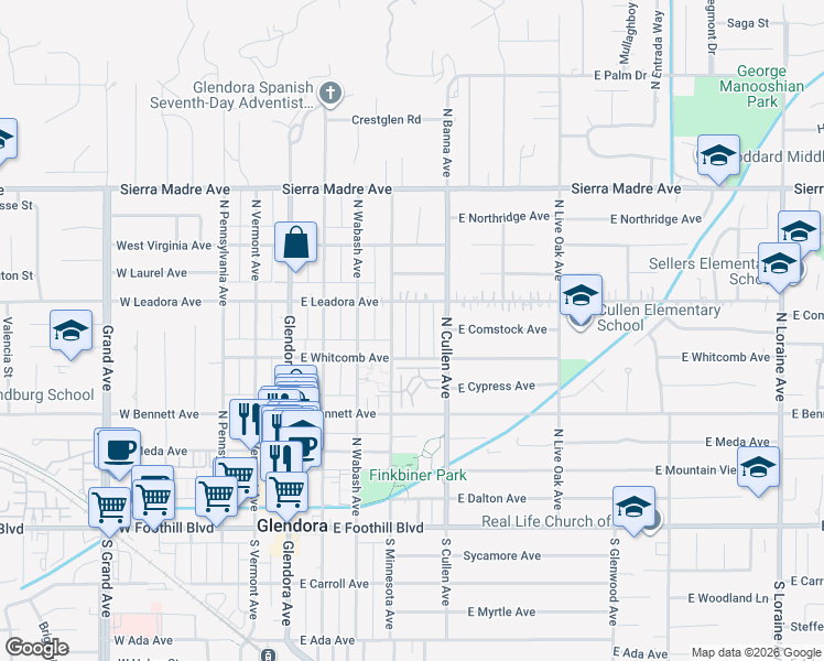 map of restaurants, bars, coffee shops, grocery stores, and more near 450 North Minnesota Avenue in Glendora