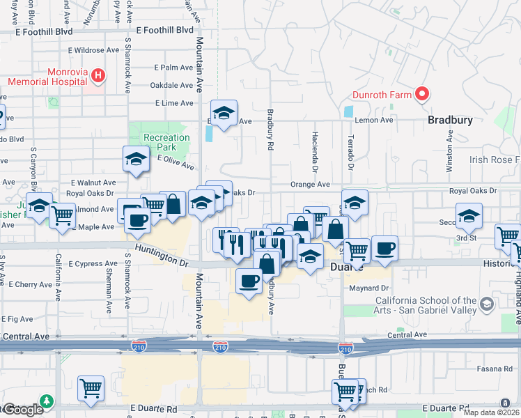 map of restaurants, bars, coffee shops, grocery stores, and more near 1030 Royal Oaks Drive in Monrovia