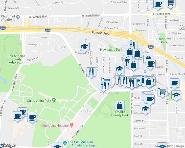 map of restaurants, bars, coffee shops, grocery stores, and more near 234 Santa Rosa Road in Arcadia
