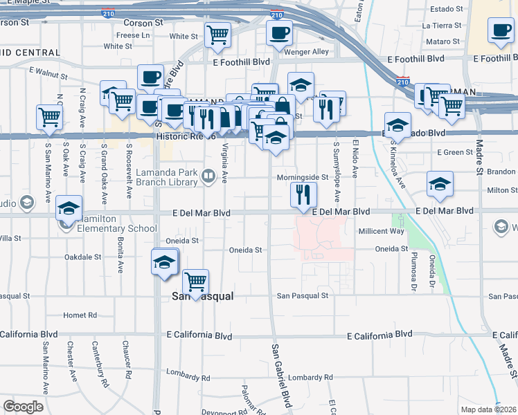 map of restaurants, bars, coffee shops, grocery stores, and more near 2681 San Marcos Drive in Pasadena