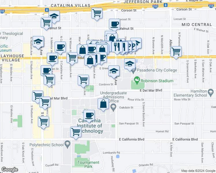 map of restaurants, bars, coffee shops, grocery stores, and more near 1363 Cordova Street in Pasadena