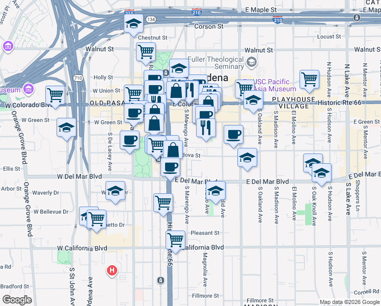 map of restaurants, bars, coffee shops, grocery stores, and more near 187 South Marengo Avenue in Pasadena