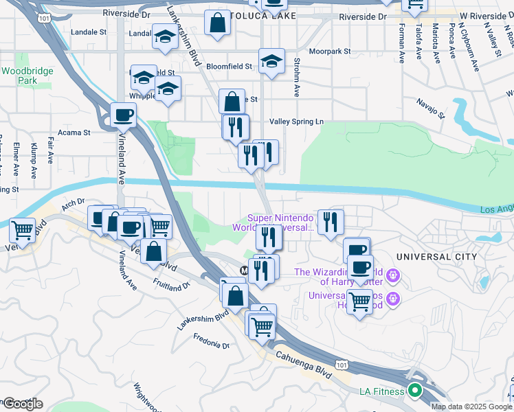 map of restaurants, bars, coffee shops, grocery stores, and more near 4075 Lankershim Boulevard in Los Angeles