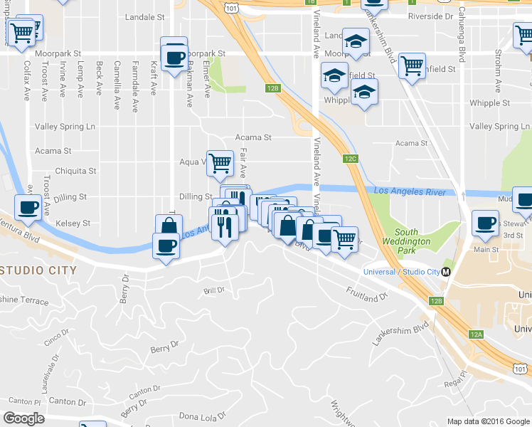 map of restaurants, bars, coffee shops, grocery stores, and more near 4248 Arch Drive in Los Angeles