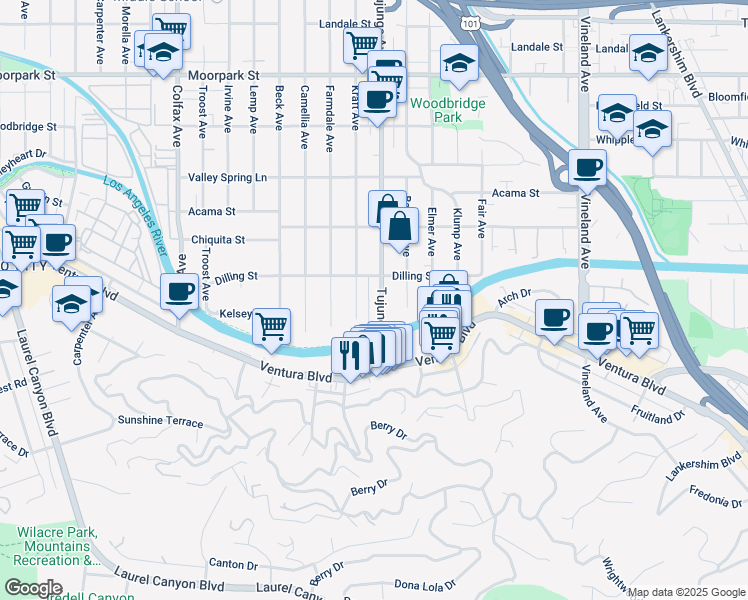 map of restaurants, bars, coffee shops, grocery stores, and more near 4118 Kraft Avenue in Los Angeles