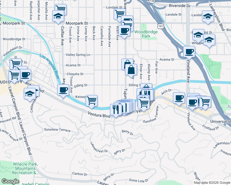 map of restaurants, bars, coffee shops, grocery stores, and more near 4118 Kraft Avenue in Los Angeles