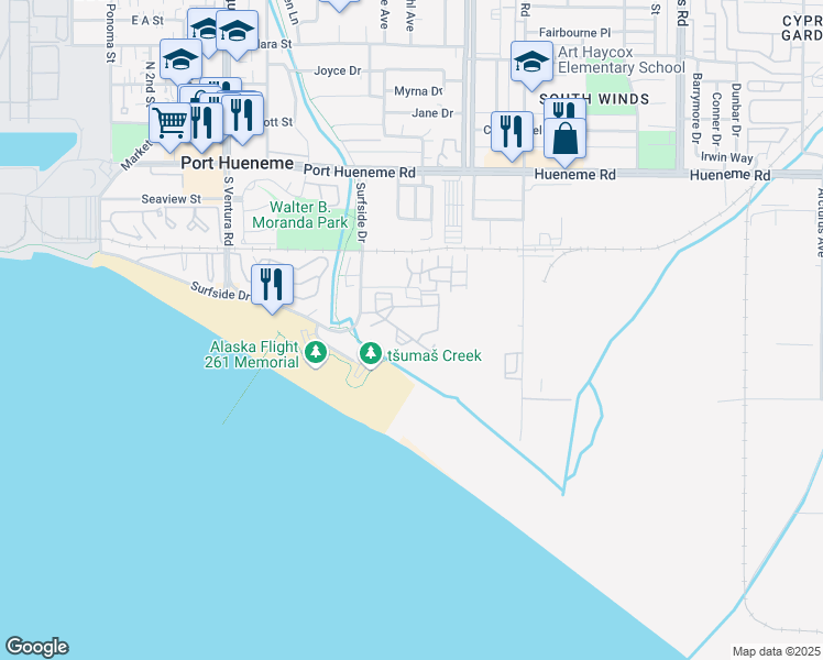 map of restaurants, bars, coffee shops, grocery stores, and more near 754 Seawind Way in Port Hueneme