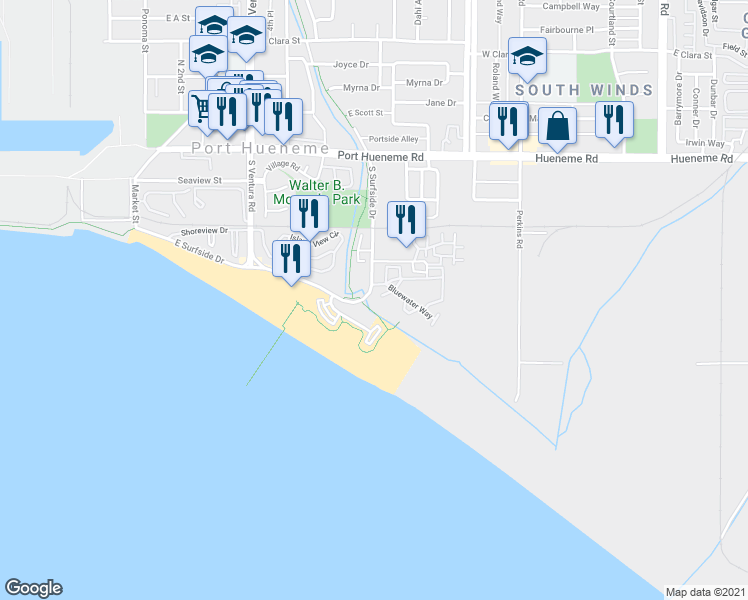map of restaurants, bars, coffee shops, grocery stores, and more near 572 Ebbtide Circle in Port Hueneme