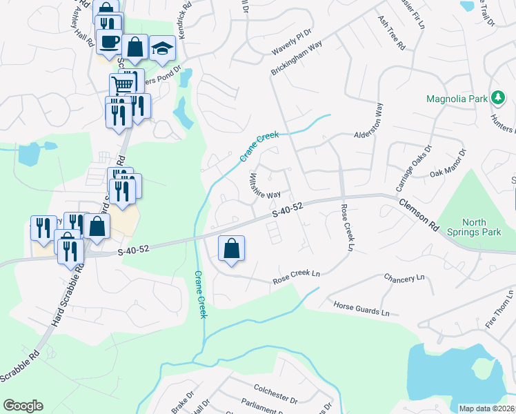 map of restaurants, bars, coffee shops, grocery stores, and more near 108 Wiltshire Way in Columbia