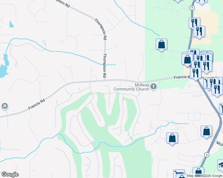 map of restaurants, bars, coffee shops, grocery stores, and more near 545 Heron Run Court in Alpharetta