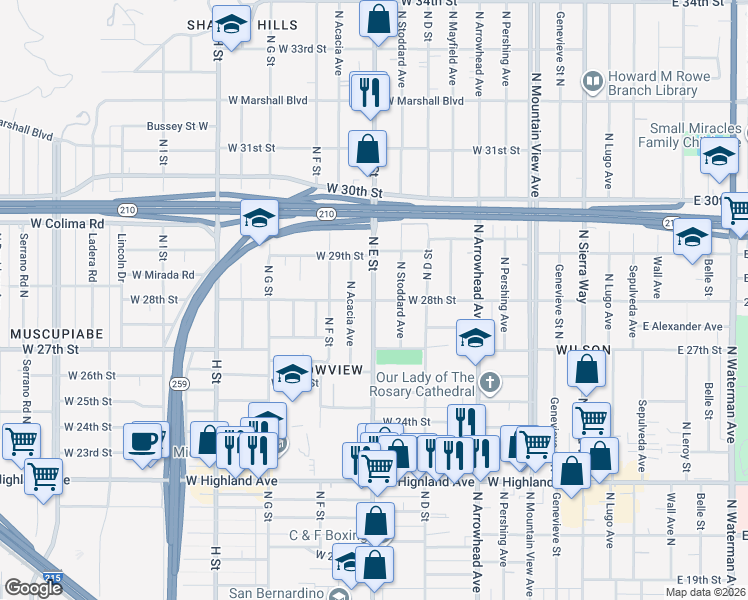 map of restaurants, bars, coffee shops, grocery stores, and more near North E Street & West 28th Street in San Bernardino