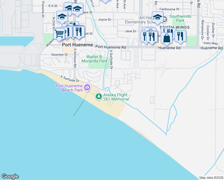 map of restaurants, bars, coffee shops, grocery stores, and more near 656 Sunfish Way in Port Hueneme