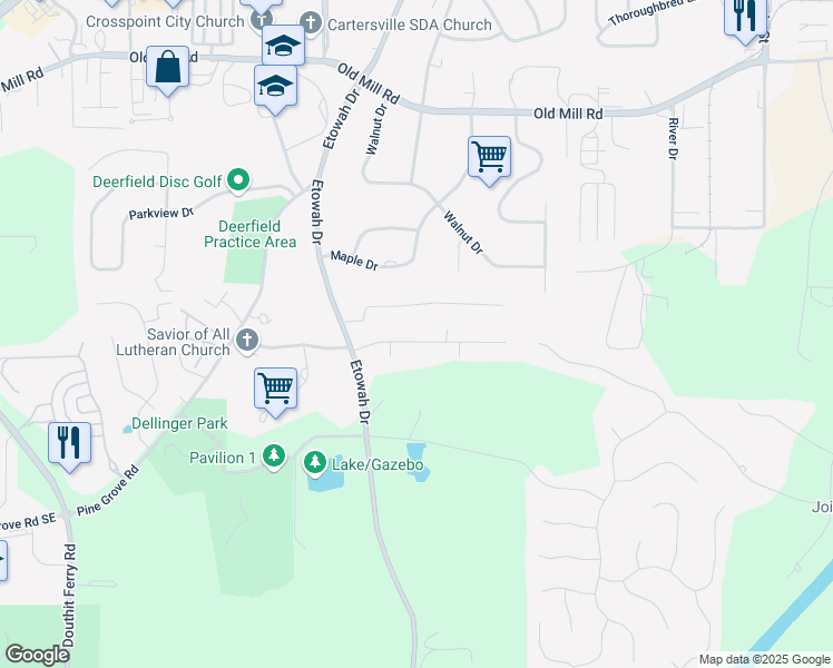 map of restaurants, bars, coffee shops, grocery stores, and more near 14 Town and Country Drive in Cartersville