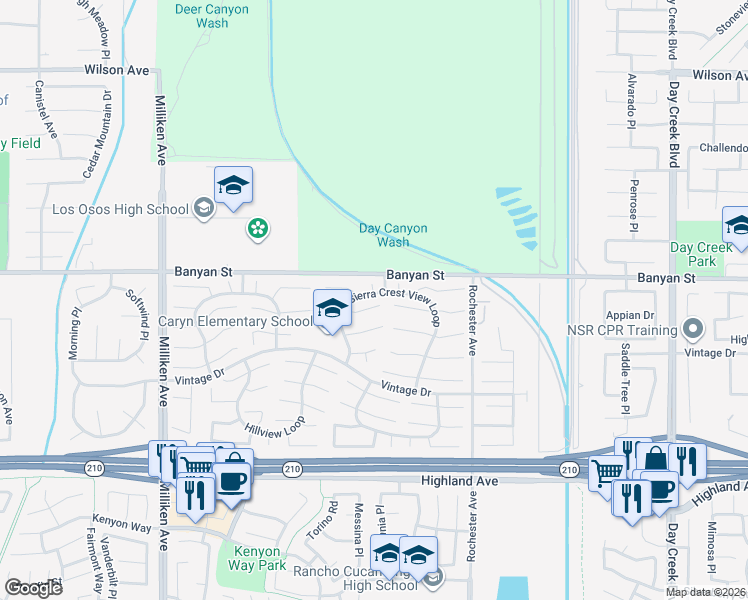 map of restaurants, bars, coffee shops, grocery stores, and more near 11682 Mount Baker Court in Rancho Cucamonga