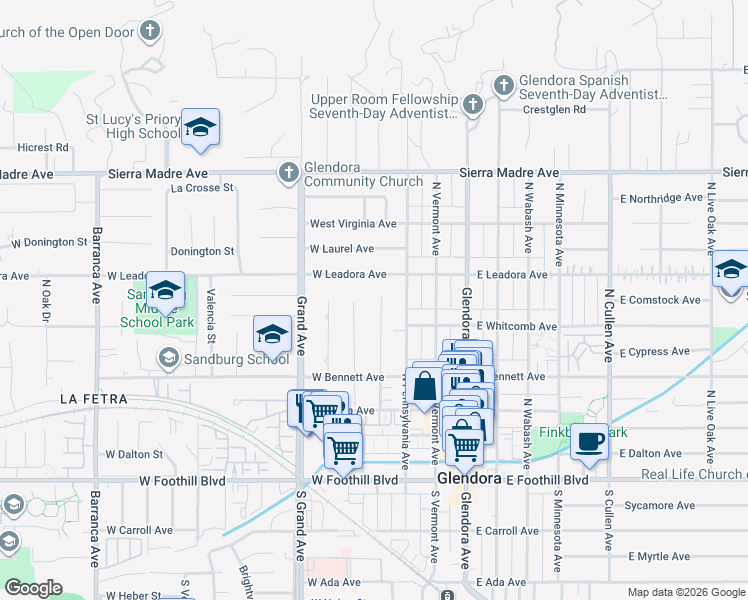 map of restaurants, bars, coffee shops, grocery stores, and more near 354 West Leadora Avenue in Glendora