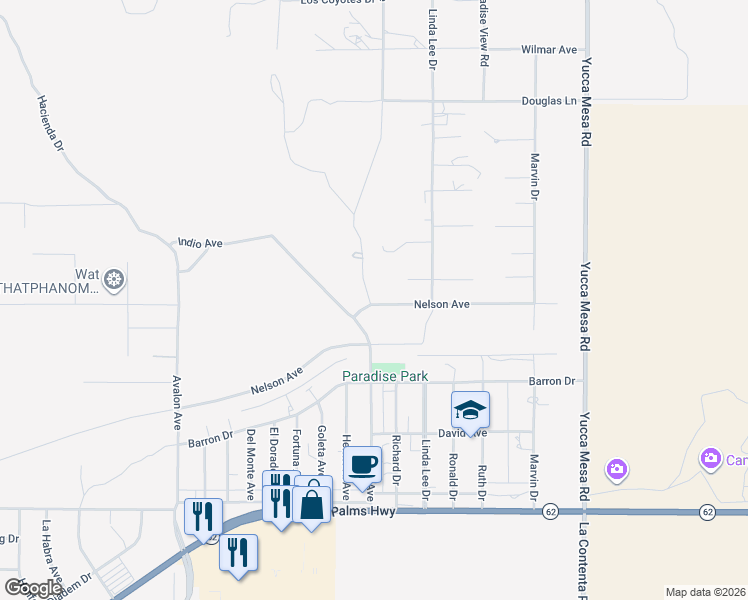 map of restaurants, bars, coffee shops, grocery stores, and more near Carmelita Avenue in Yucca Valley