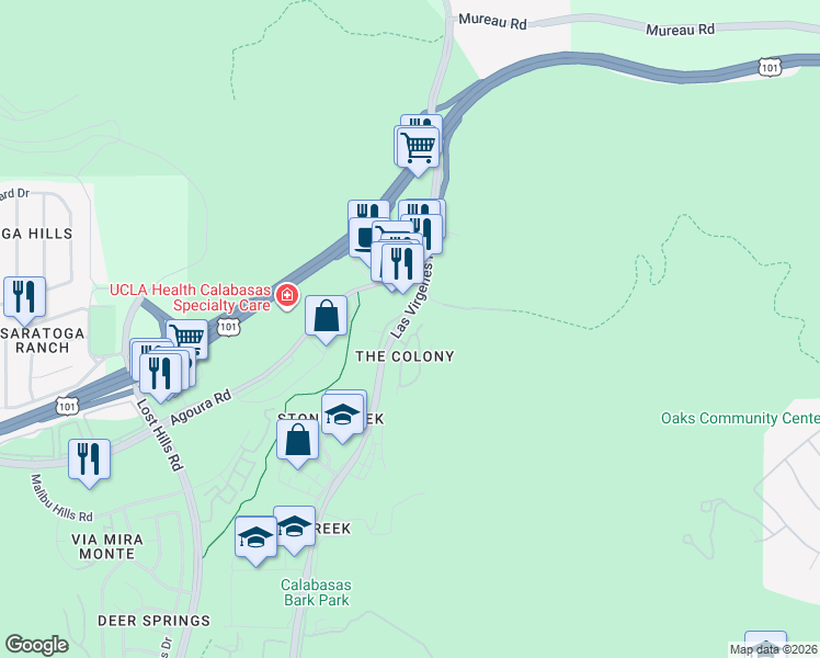 map of restaurants, bars, coffee shops, grocery stores, and more near 4687 Camino Del Sol in Calabasas