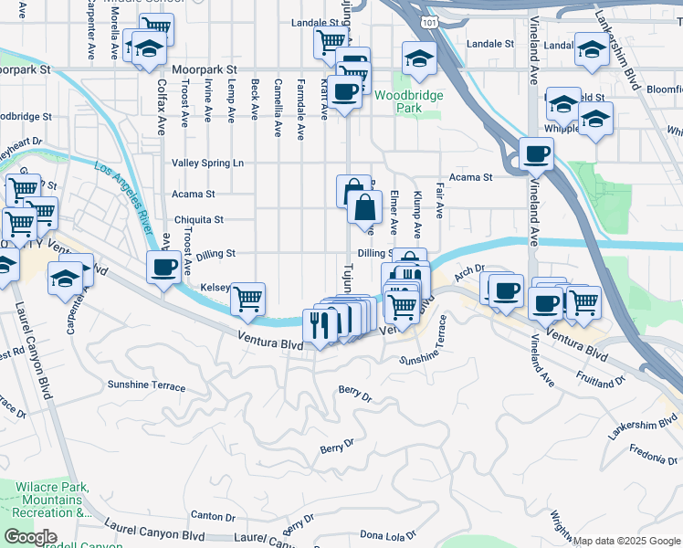 map of restaurants, bars, coffee shops, grocery stores, and more near 4118 Kraft Avenue in Los Angeles