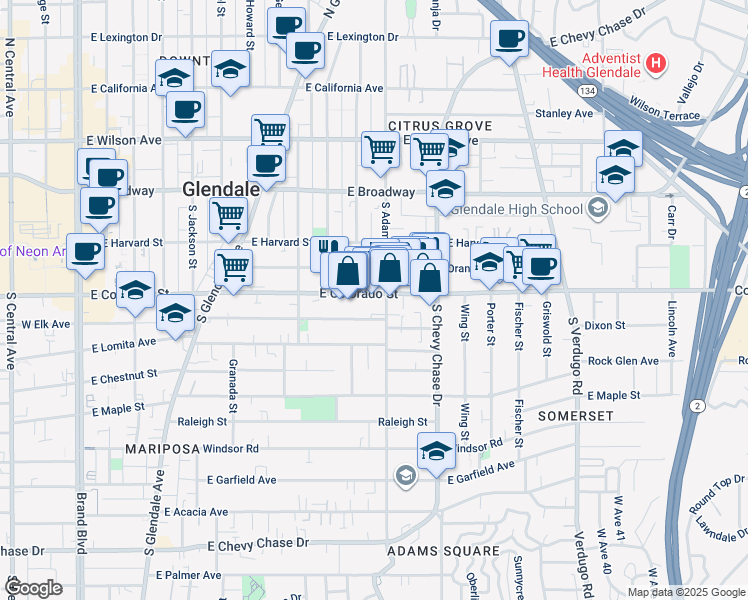 map of restaurants, bars, coffee shops, grocery stores, and more near in Glendale