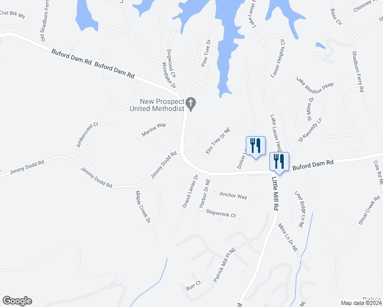 map of restaurants, bars, coffee shops, grocery stores, and more near 1981 Elm Tree Terrace Northeast in Buford