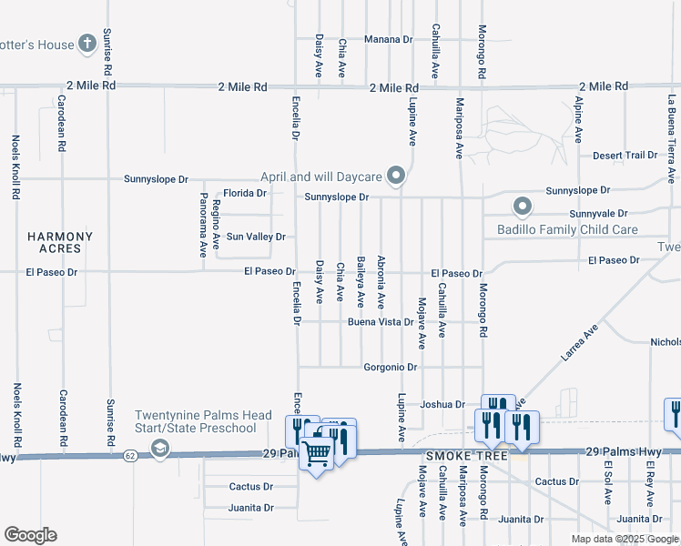 map of restaurants, bars, coffee shops, grocery stores, and more near 6100 Chia Avenue in Twentynine Palms