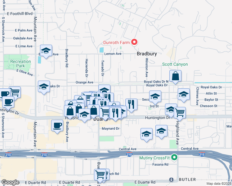 map of restaurants, bars, coffee shops, grocery stores, and more near 1403 1st Street in Duarte